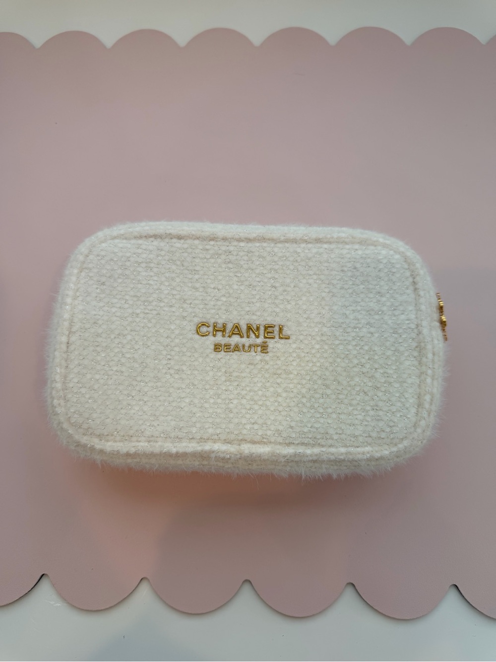 CHANEL Winter Cream Tweed Cosmetic Pouch with Gold Snowflake Logo